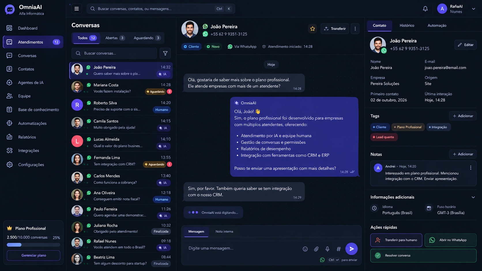 Central de atendimento demonstrativa OmniaAI com conversas e assistente de IA